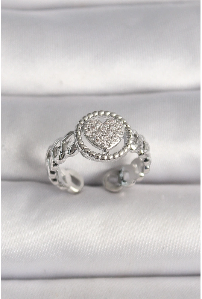 Shoecide Pirinç Gümüş Renk Zincir Model Zirkon Taşlı Kalp Model Kadın Yüzük