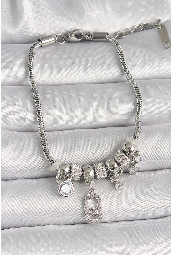 Shoecide Pirinç Gümüş Renk Zincir Sallantı Zirkon Taşlı Messika Figür Yıldız Detay Kadın Bileklik