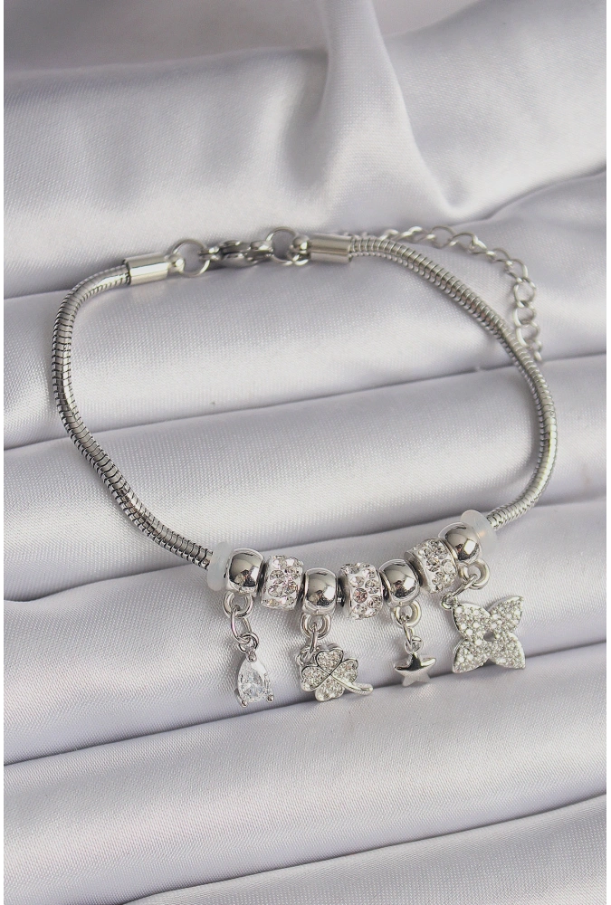 Shoecide Pirinç Gümüş Renk Zincir Sallantı Zirkon Taşlı Yonca Figür Charm Bileklik