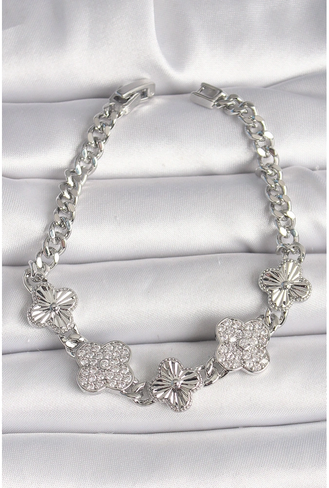 Shoecide Pirinç Gümüş Renk Zincir Yonca Model Kadın Bileklik