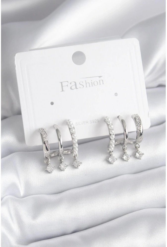 Shoecide Pirinç Gümüş Renk Zirkon Taş Detay İncili Kadın Küpe