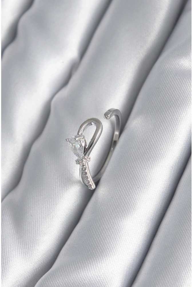 Shoecide Pirinç Gümüş Renk Zirkon Taş Detay Kurdele Model Kadın Yüzük