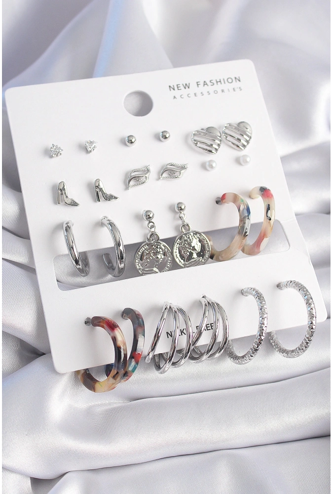 Shoecide Pirinç Gümüş Renk Zirkon Taş Detaylı 12 Çift Kadın Küpe