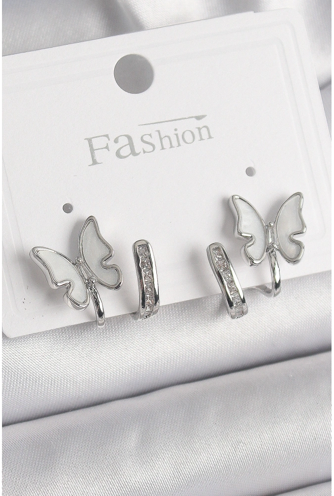 Shoecide Pirinç Gümüş Renk Zirkon Taş Detaylı Beyaz Sedefli Kelebek Model Kadın Küpe