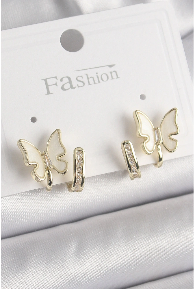 Shoecide Pirinç Gümüş Renk Zirkon Taş Detaylı Beyaz Sedefli Kelebek Model Kadın Küpe