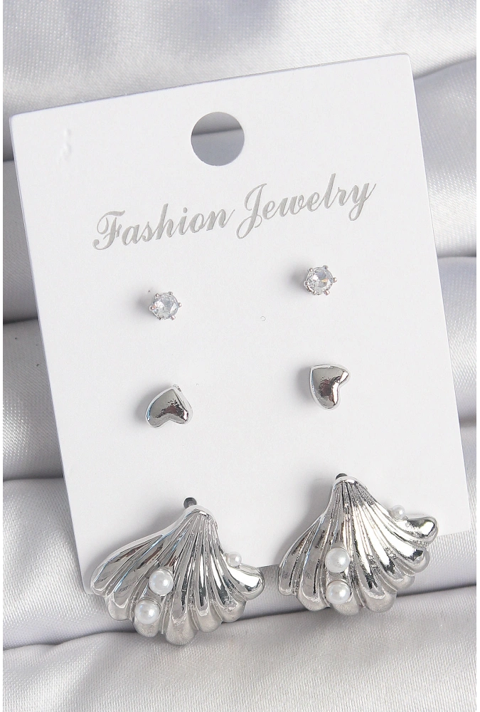 Shoecide Pirinç Gümüş Renk Zirkon Taş Detaylı İnci Detaylı Deniz Kabuğu Model 3 Çift Kadın Küpe