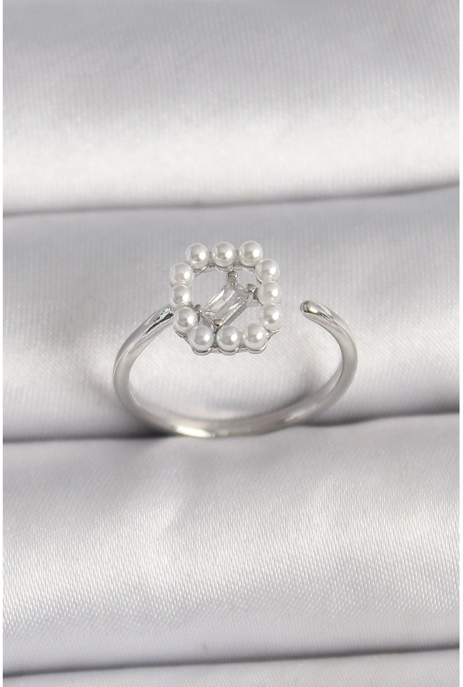 Shoecide Pirinç Gümüş Renk Zirkon Taş Detaylı İncili Ayarlanabilir Yüzük