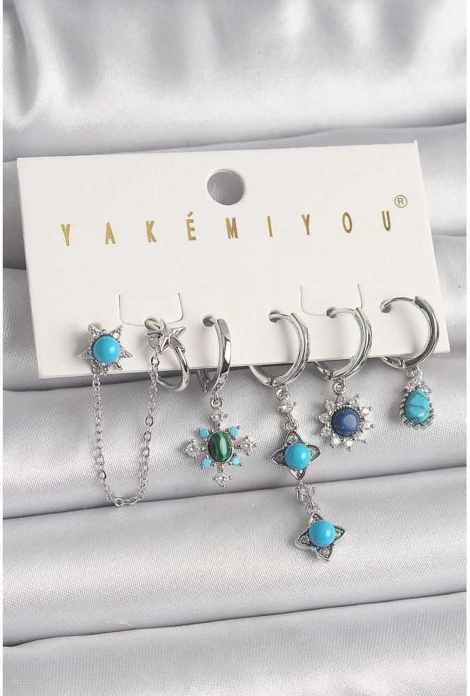 Shoecide Pirinç Gümüş Renk Zirkon Taş Detaylı Mavi Boncuklu Çiçek Model Vıp Seri Kadın Küpe Kombini