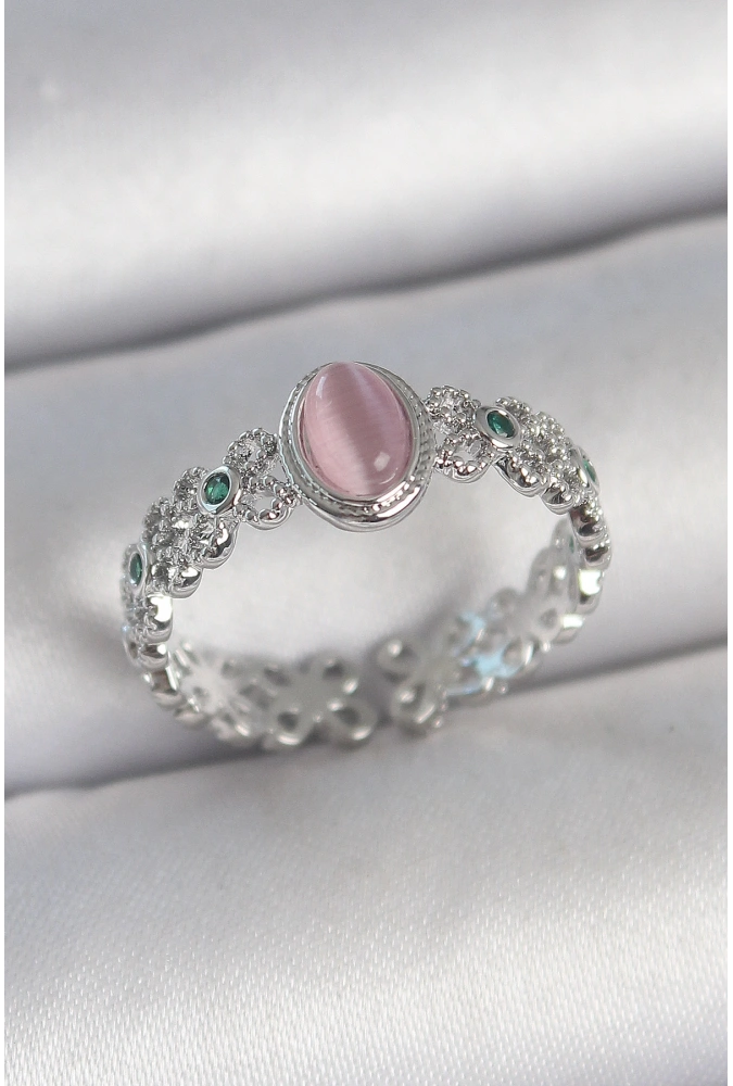Shoecide Pirinç Gümüş Renk Zirkon Taş Detaylı Pembe Mineli Damla Model Ayarlanabilir Kadın Yüzük