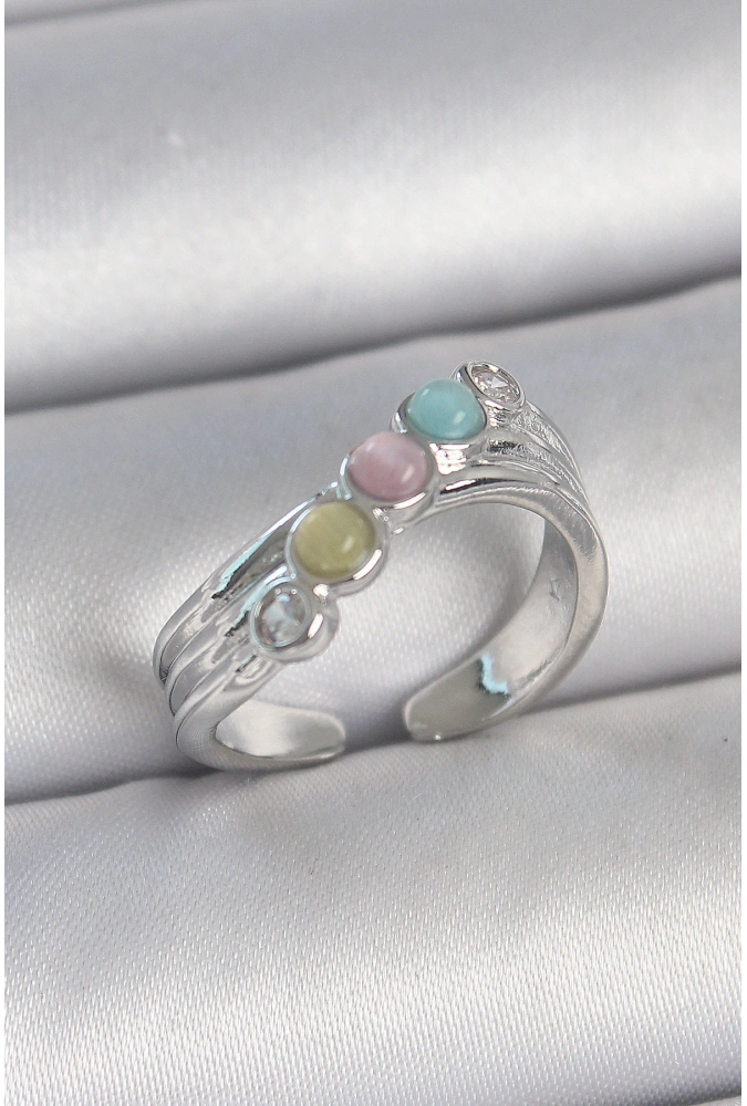 Shoecide Pirinç Gümüş Renk Zirkon Taş Detaylı Renkli Mineli Ayarlanabilir Kadın Yüzük