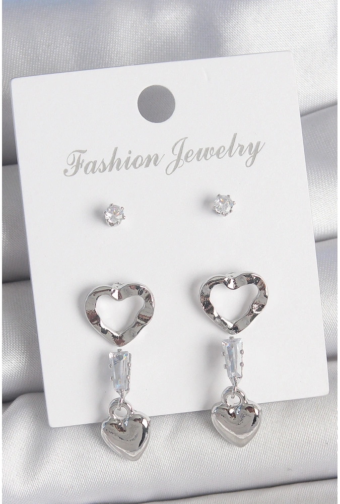 Shoecide Pirinç Gümüş Renk Zirkon Taş Detaylı Sallantı Model 2 Çift Kadın Küpe Seti