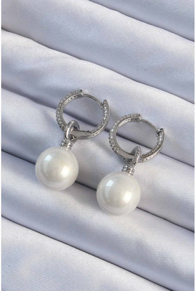 Shoecide Pirinç Gümüş Renk Zirkon Taş Kaplama İnci Tasarımlı Kadın Küpe