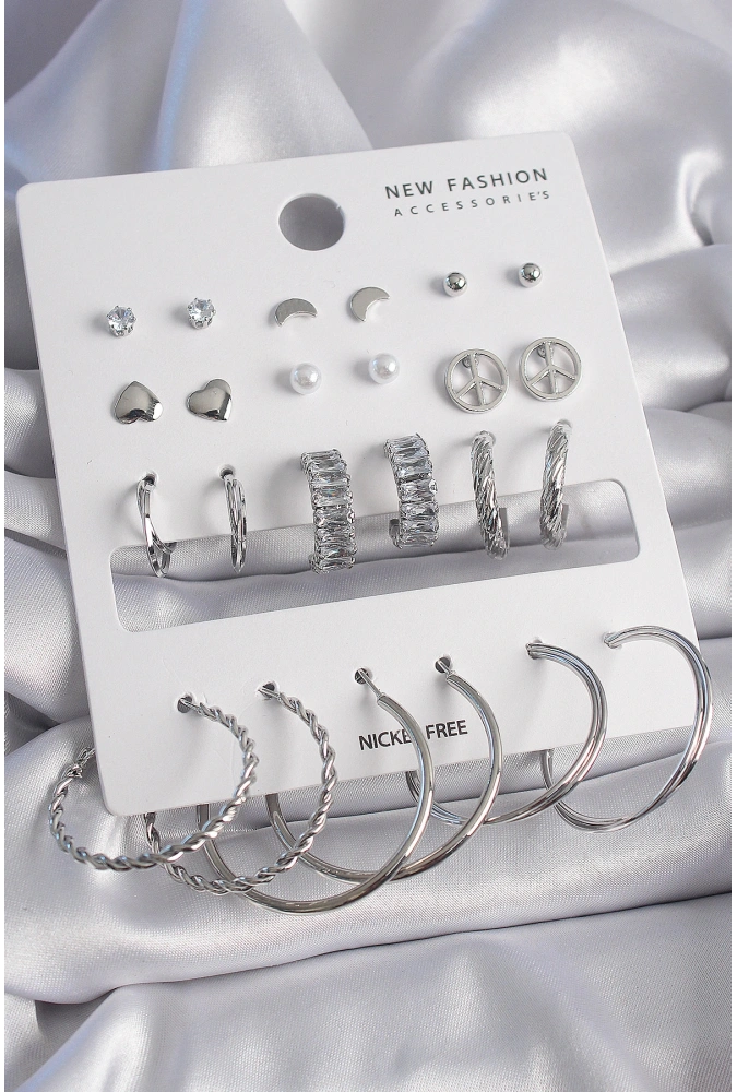 Shoecide Pirinç Gümüş Renk Zirkon Taşlı 12 Çift Kadın Küpe Seti