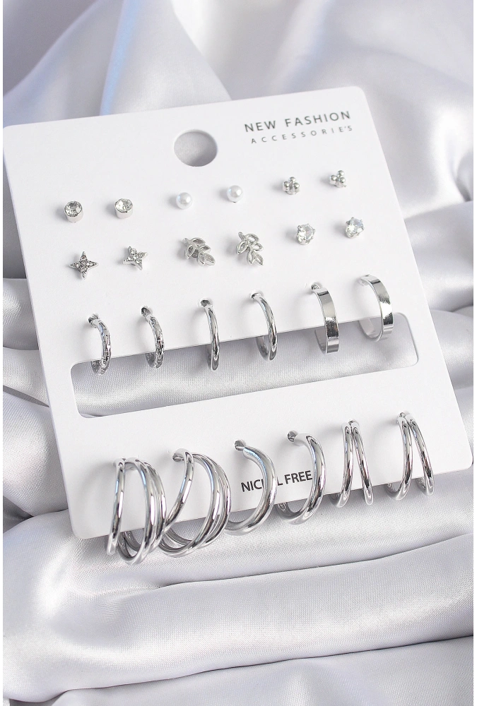 Shoecide Pirinç Gümüş Renk Zirkon Taşlı 12 Çift Küpe Seti