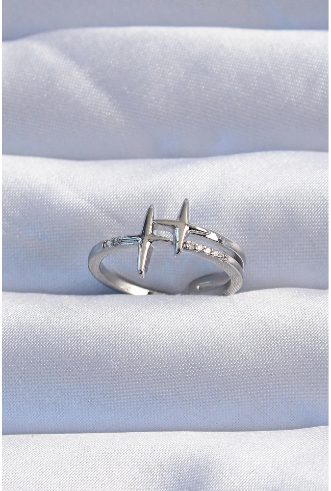 Shoecide Pirinç Gümüş Renk Zirkon Taşlı 2li Görünüm Ayarlanabilir Yıldız Model Yüzük