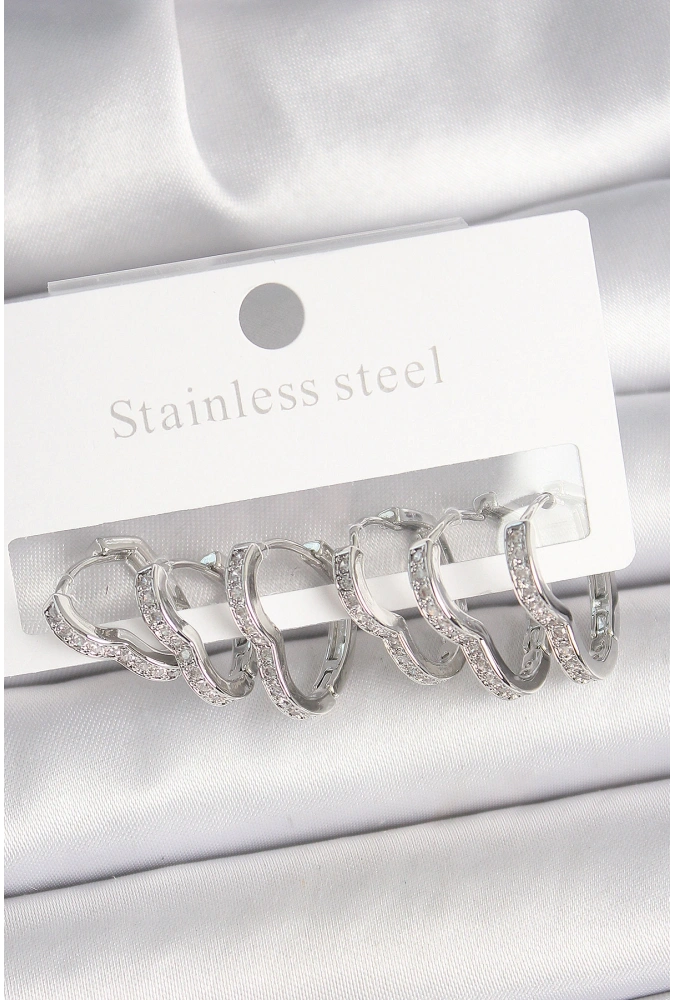 Shoecide Pirinç Gümüş Renk Zirkon Taşlı 3 Çift Kalp Model Kadın Küpe