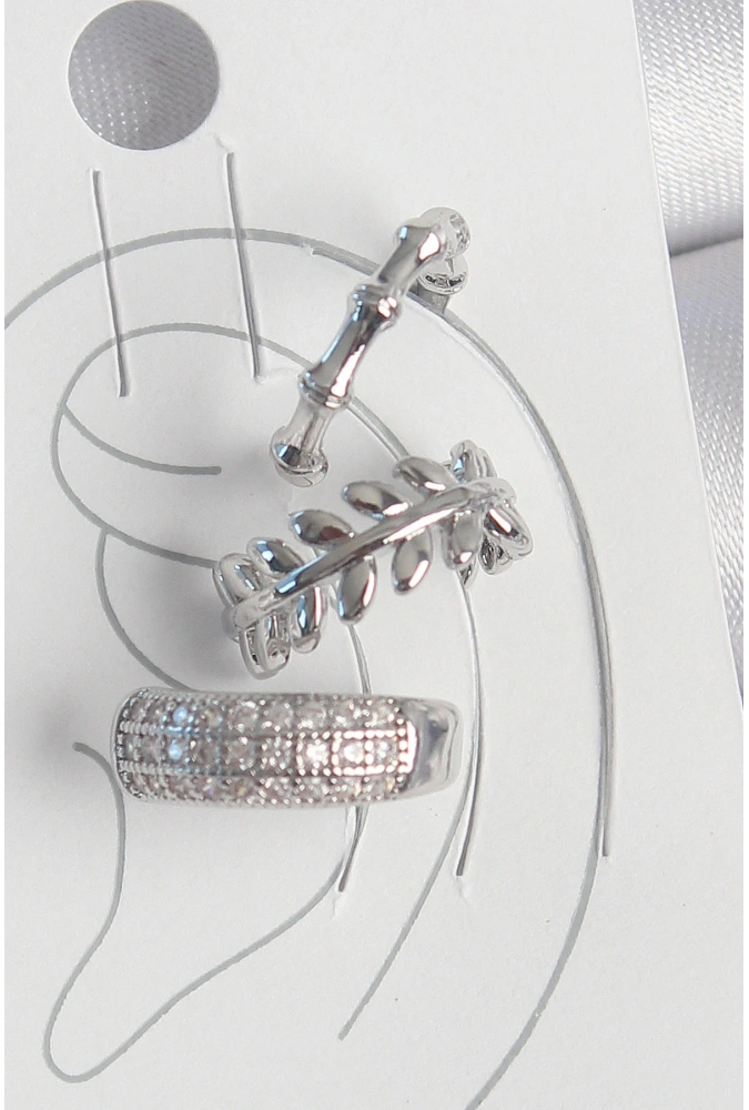 Shoecide Pirinç Gümüş Renk Zirkon Taşlı 3lü Model Yaprak Figür Kadın Kıkırdak Küpe