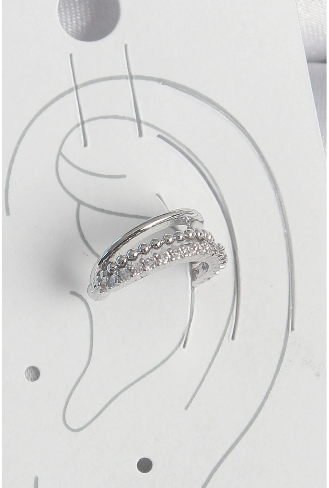 Shoecide Pirinç Gümüş Renk Zirkon Taşlı 3lü Sıralı Kadın Kıkırdak Küpe