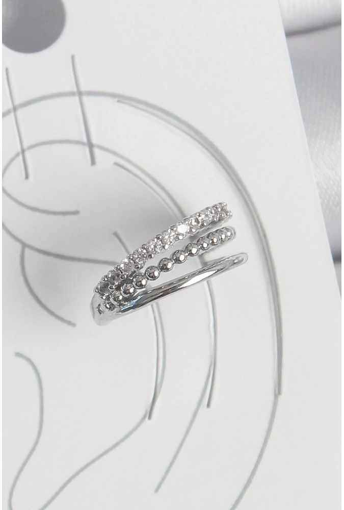 Shoecide Pirinç Gümüş Renk Zirkon Taşlı 3lü Sıralı Model Kadın Kıkırdak Küpe