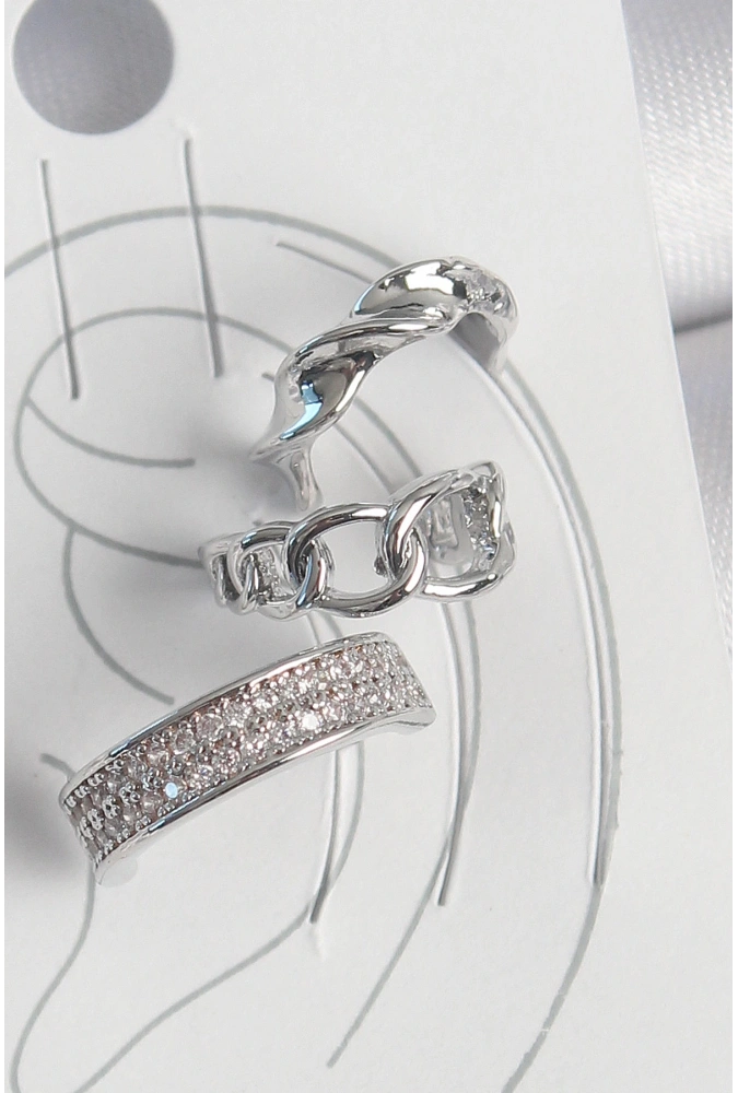 Shoecide Pirinç Gümüş Renk Zirkon Taşlı 3lü Zincir Sarmal Model Kadın Kıkırdak Küpe