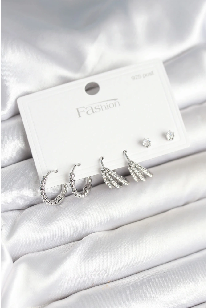 Shoecide Pirinç Gümüş Renk Zirkon Taşlı 925 Gümüş Çivili Kadın Küpe Seti