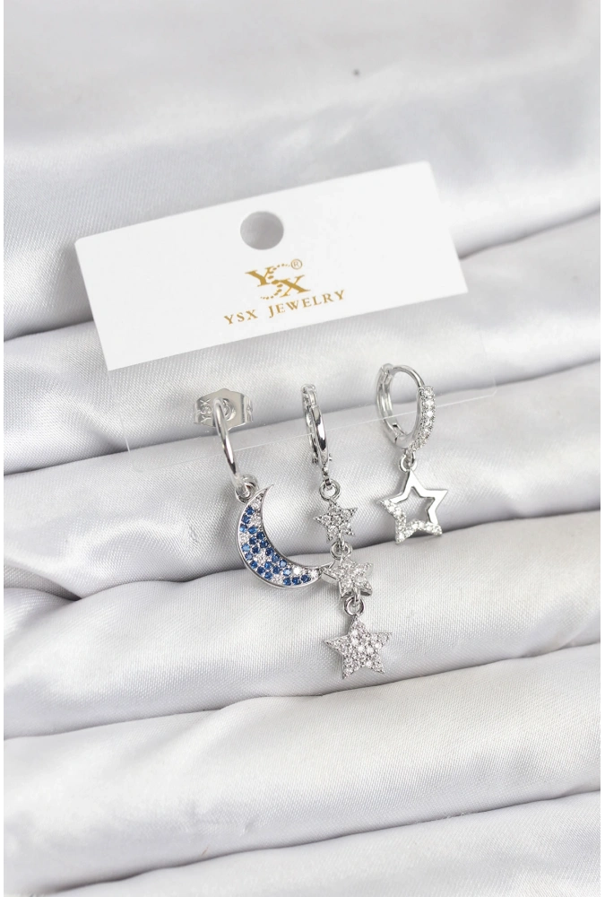 Shoecide Pirinç Gümüş Renk Zirkon Taşlı Ay Ve Yıldız Model Ysx Trio Küpe Seti