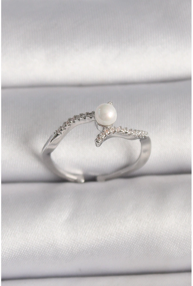 Shoecide Pirinç Gümüş Renk Zirkon Taşlı Ayarlanabilir Yüzük