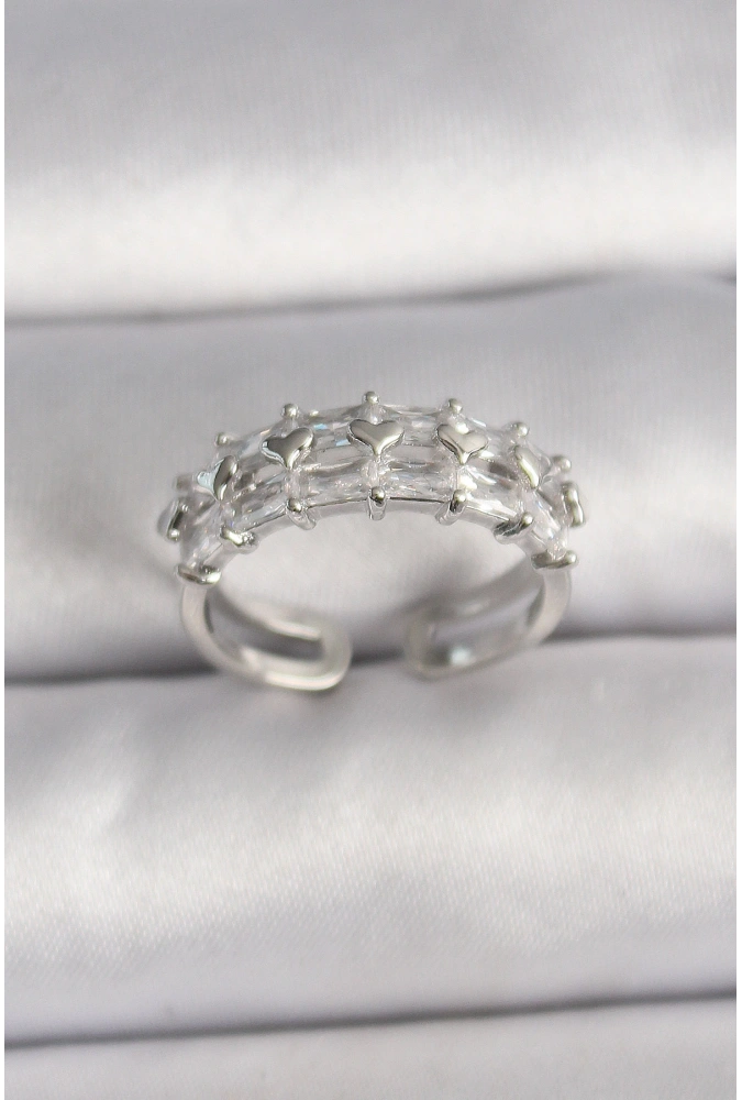 Shoecide Pirinç Gümüş Renk Zirkon Taşlı Ayarlanabilir Yüzük