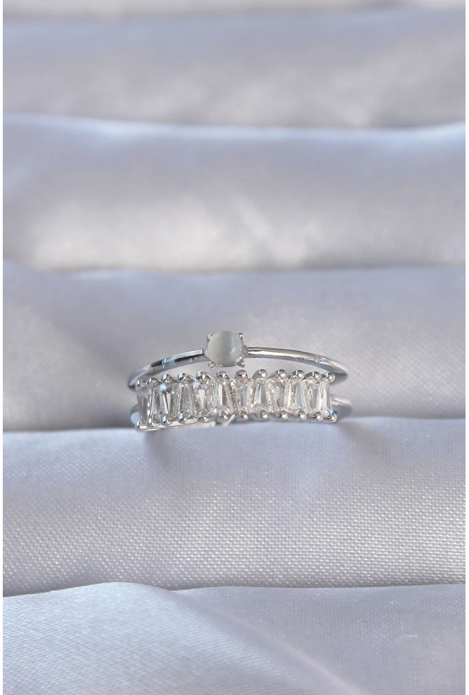 Shoecide Pirinç Gümüş Renk Zirkon Taşlı Baget Su Yolu Model Ayarlanabilir Yüzük