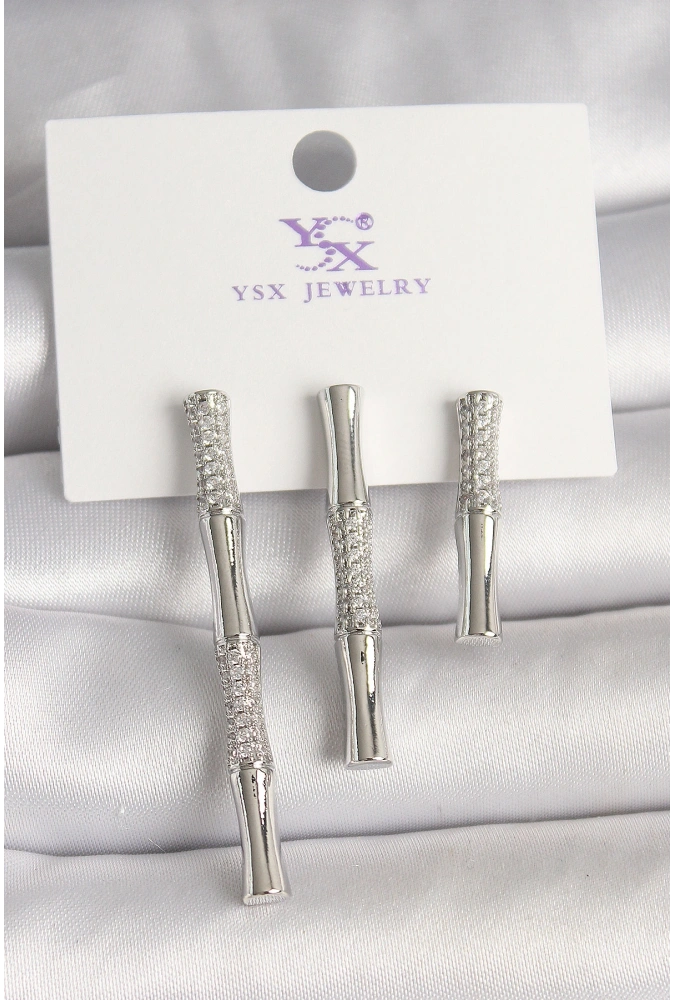 Shoecide Pirinç Gümüş Renk Zirkon Taşlı Bambu Model 3lü Kadın Kombin Küpe