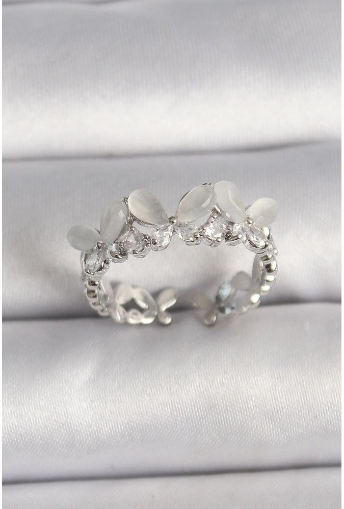 Shoecide Pirinç Gümüş Renk Zirkon Taşlı Beyaz Mineli Kelebek Model Ayarlanabilir Yüzük