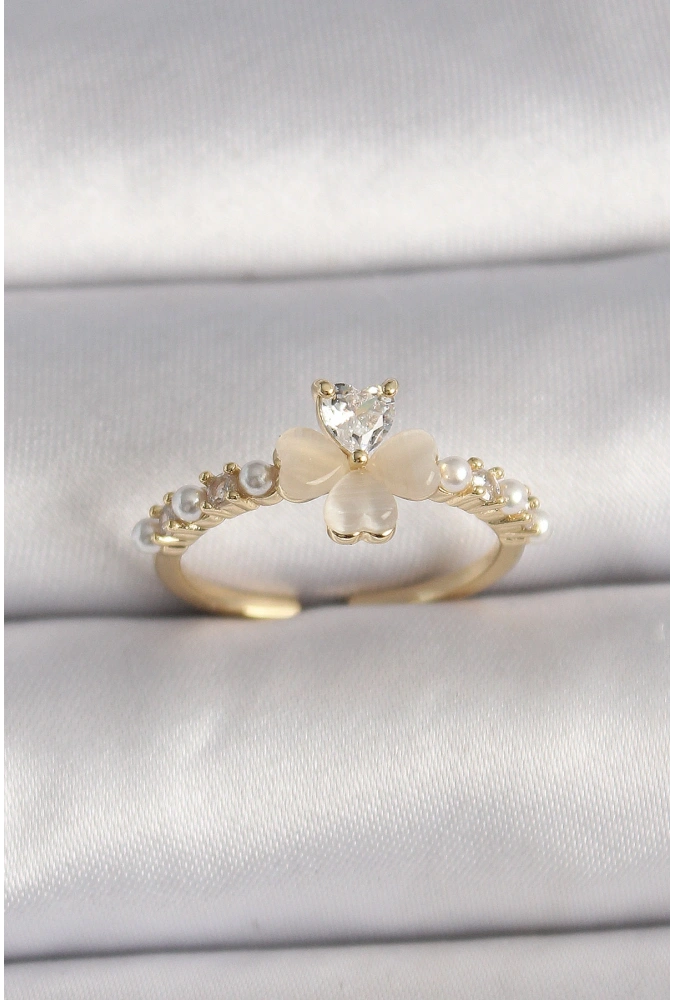 Shoecide Pirinç Gümüş Renk Zirkon Taşlı Beyaz Mineli Yonca Model İnci Detay Ayarlanabilir Yüzük