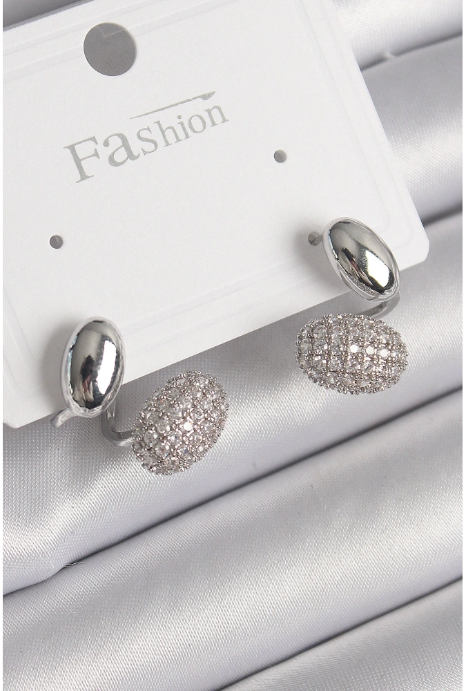 Shoecide Pirinç Gümüş Renk Zirkon Taşlı Bombeli Model Kadın Küpe