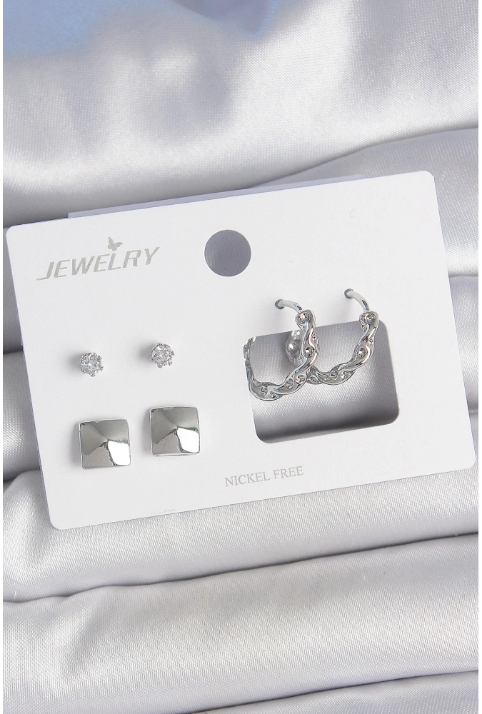 Shoecide Pirinç Gümüş Renk Zirkon Taşlı Burgu Halka Model Kare Detay 3 Çift Kadın Küpe Seti