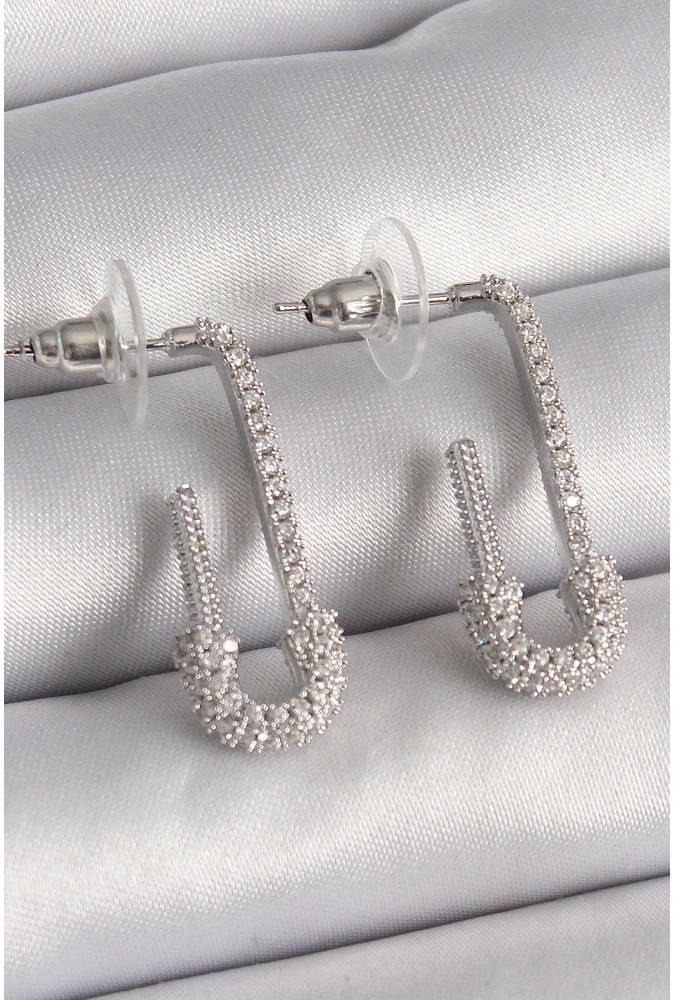 Shoecide Pirinç Gümüş Renk Zirkon Taşlı Çengelli İğne Model Kadın Küpe