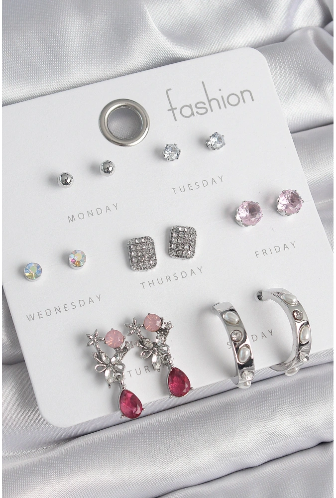 Shoecide Pirinç Gümüş Renk Zirkon Taşlı Çiçek Figür İncili Halka Detay 7 Çift Kadın Küpe Seti