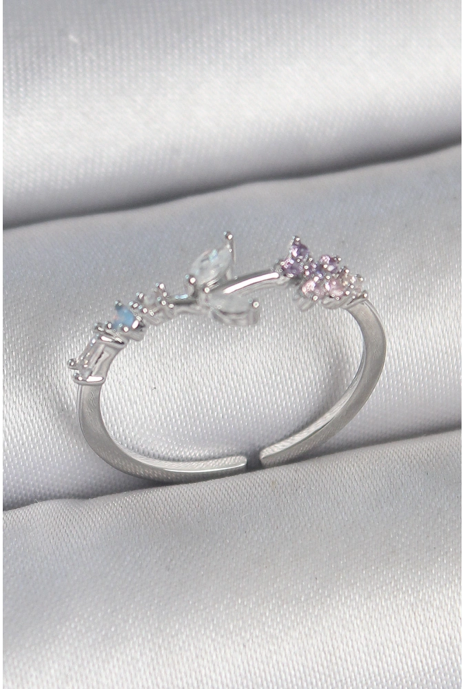 Shoecide Pirinç Gümüş Renk Zirkon Taşlı Çiçek Model Ayarlanabilir Kadın Yüzük