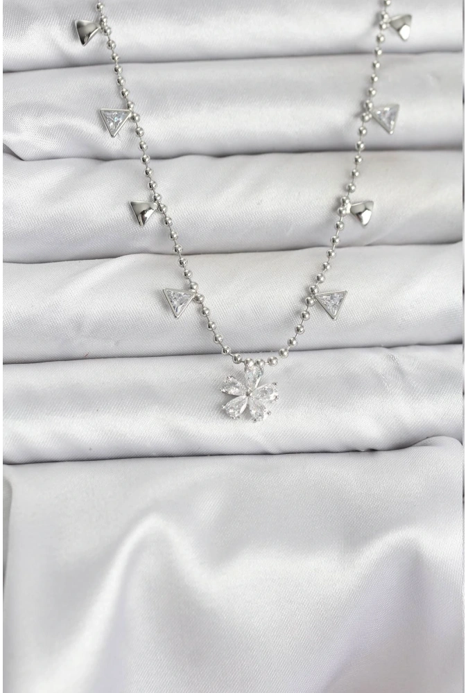 Shoecide Pirinç Gümüş Renk Zirkon Taşlı Çiçek Model Kadın Kolye