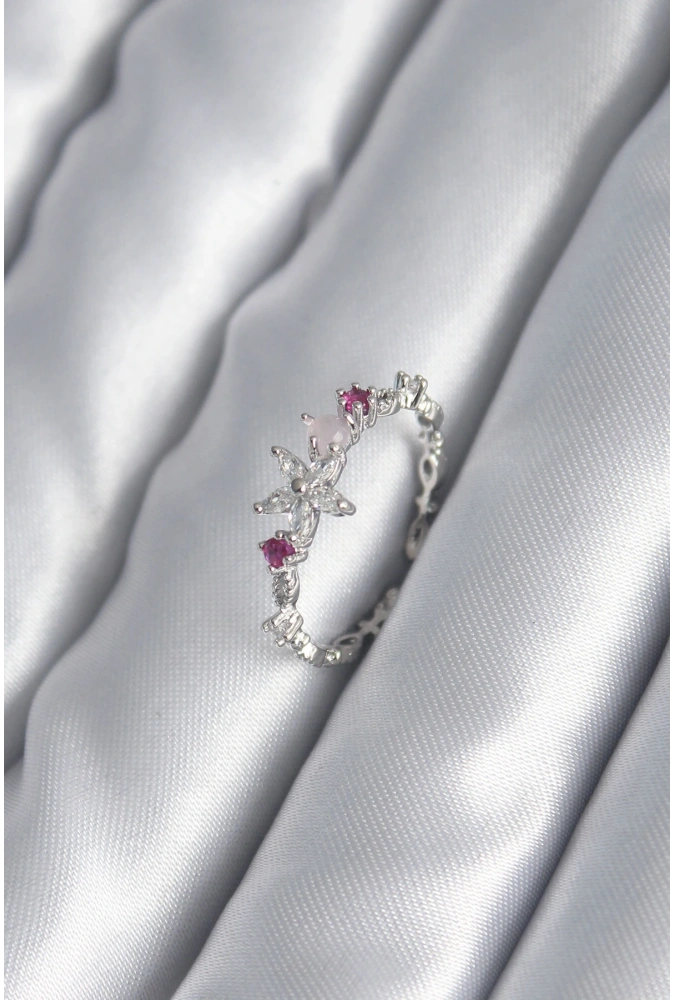 Shoecide Pirinç Gümüş Renk Zirkon Taşlı Çiçek Model Pembe Zirkon Taş Detay Kadın Yüzük