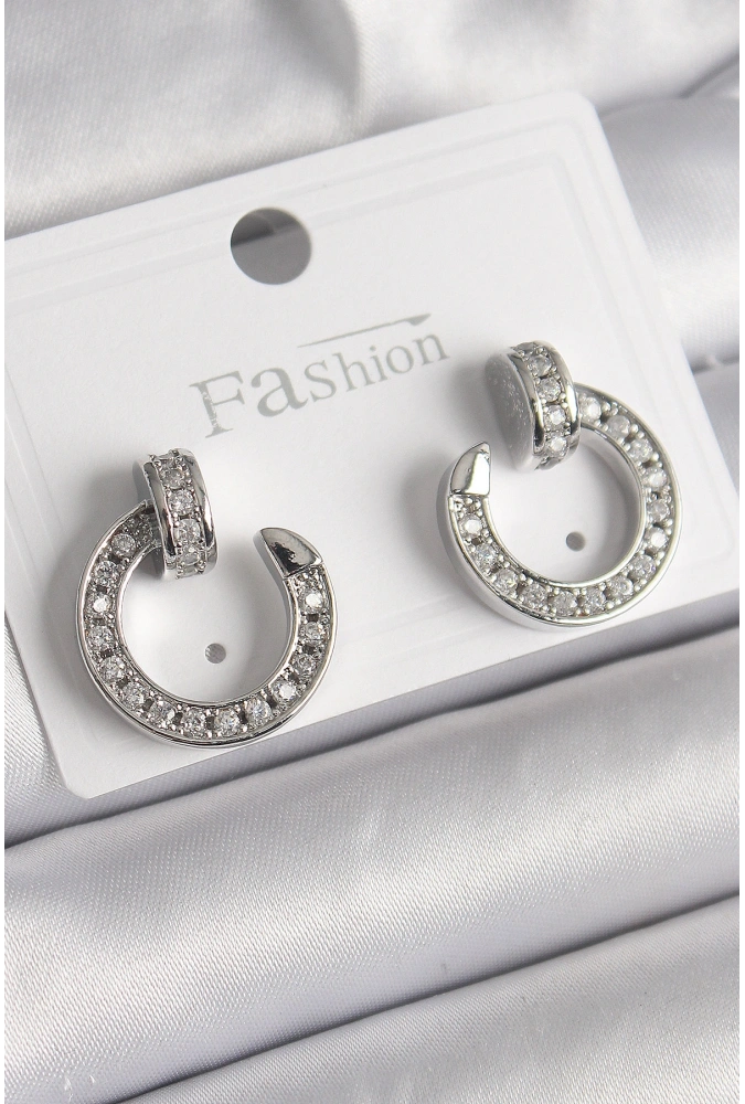 Shoecide Pirinç Gümüş Renk Zirkon Taşlı Çivi Halka Model Kadın Küpe