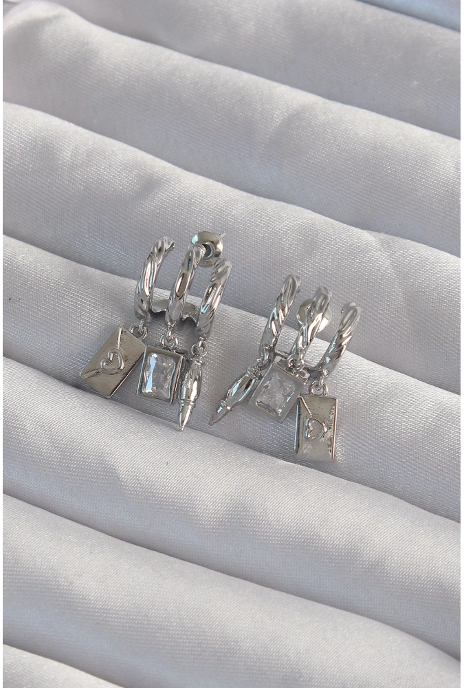 Shoecide Pirinç Gümüş Renk Zirkon Taşlı Çoklu Aksesuarlı Yarım Halka Kaburga Küpe