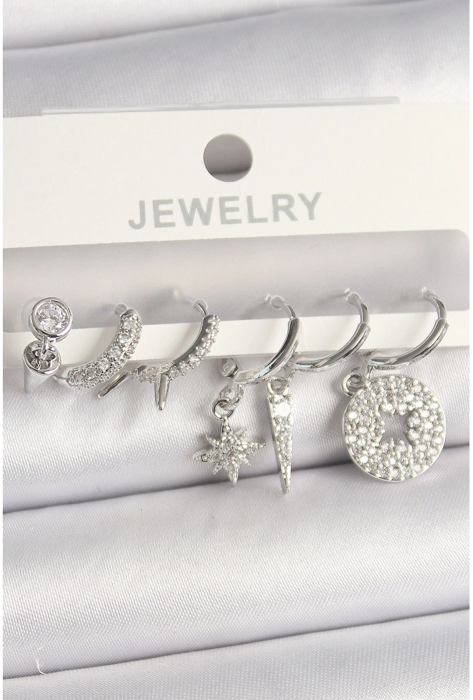 Shoecide Pirinç Gümüş Renk Zirkon Taşlı Çoklu Figür Kadın Küpe Seti