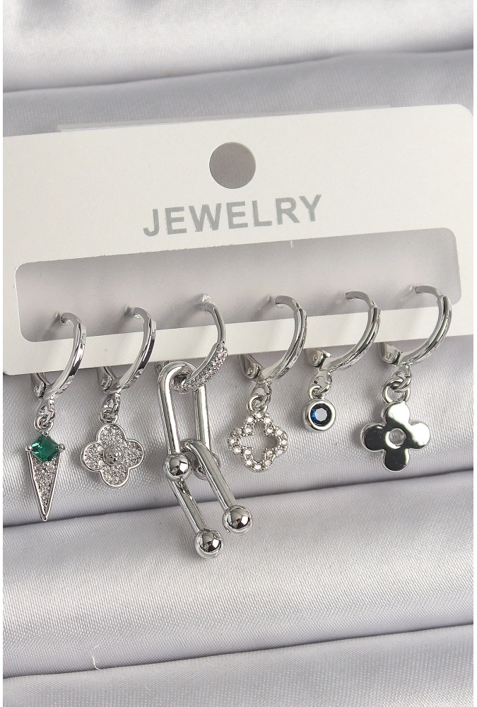 Shoecide Pirinç Gümüş Renk Zirkon Taşlı Çoklu Figür Kadın Küpe Seti