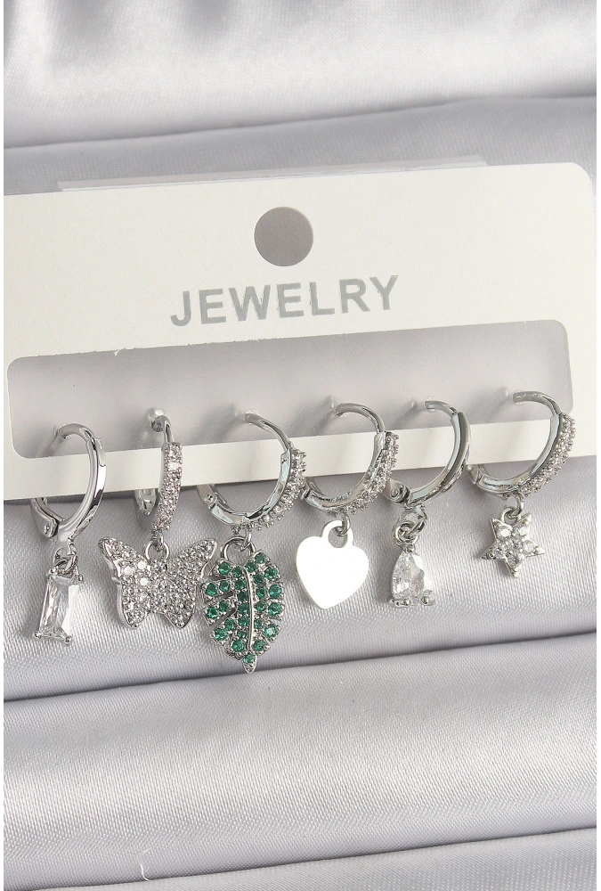 Shoecide Pirinç Gümüş Renk Zirkon Taşlı Çoklu Figür Kadın Küpe Seti