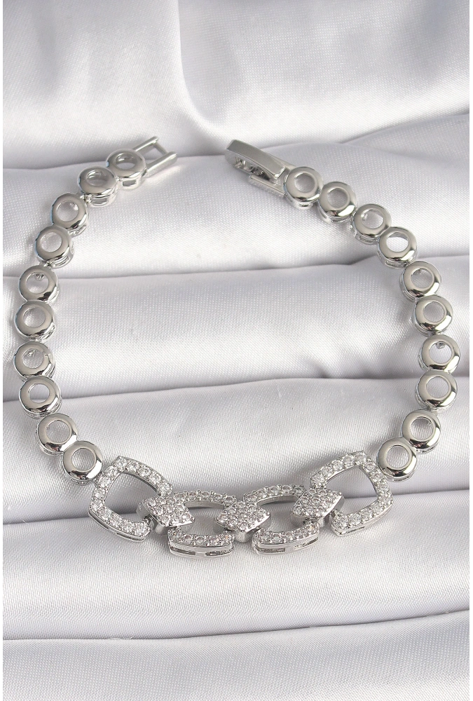 Shoecide Pirinç Gümüş Renk Zirkon Taşlı Daire Zincir Model Kadın Bileklik