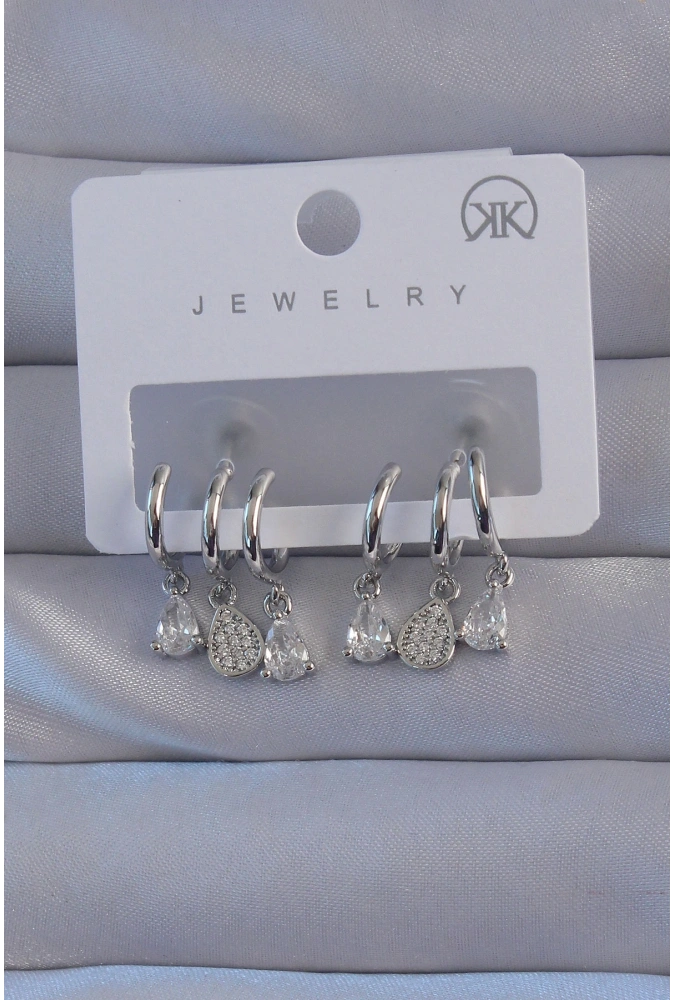 Shoecide Pirinç Gümüş Renk Zirkon Taşlı Damla Model Çoklu Görünüm Yarım Halka Küpe