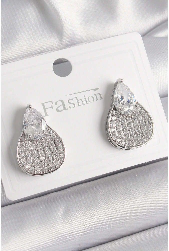 Shoecide Pirinç Gümüş Renk Zirkon Taşlı Damla Model Kadın Küpe