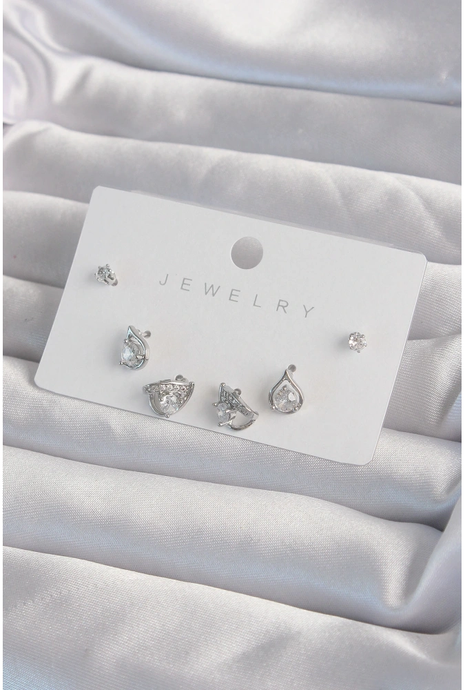 Shoecide Pirinç Gümüş Renk Zirkon Taşlı Damla Model Küpe Seti