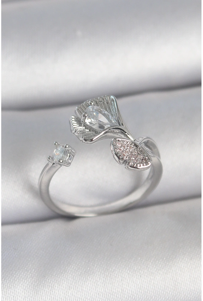 Shoecide Pirinç Gümüş Renk Zirkon Taşlı Deniz Kabuğu Model Ayarlanabilir Kadın Yüzük