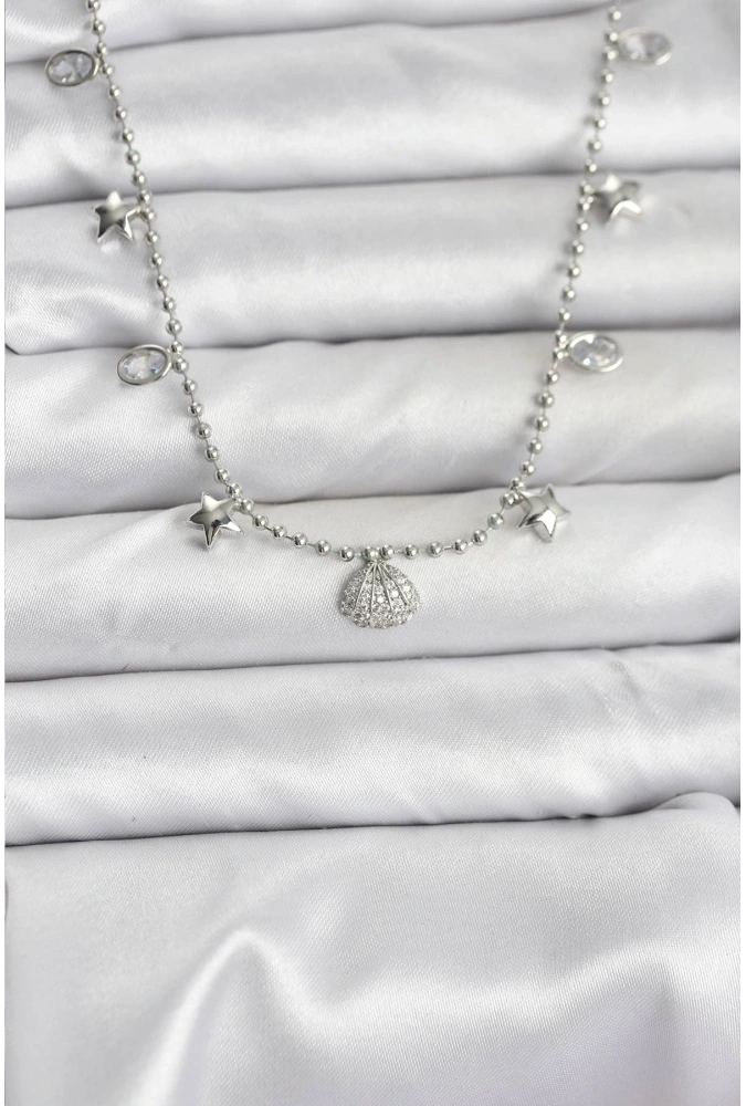 Shoecide Pirinç Gümüş Renk Zirkon Taşlı Deniz Kabuğu Model Kadın Kolye